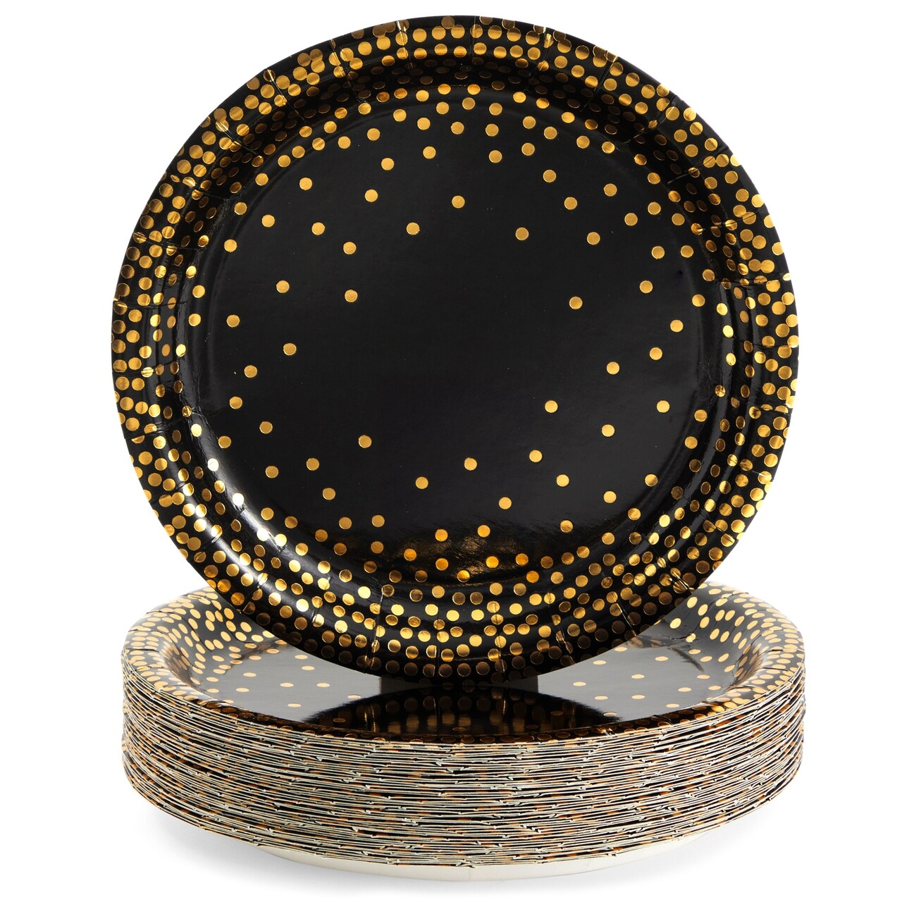 48 Pack Black and Gold Paper Plates for Birthday Party Supplies, Graduation, New Years Eve (9 In)